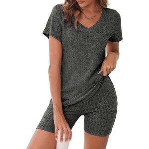 image:imageEkouaer Biker Short Sets Women 2 Piece Outfits Ribbed Pajama Short Sleeve Workout SetGrey