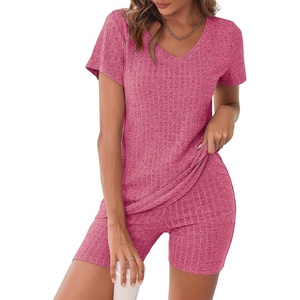 image:imageEkouaer Biker Short Sets Women 2 Piece Outfits Ribbed Pajama Short Sleeve Workout SetRose Red