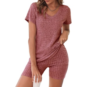 image:imageEkouaer Biker Short Sets Women 2 Piece Outfits Ribbed Pajama Short Sleeve Workout SetWine Red