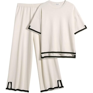 image:imageEkouaer Lounge Set for Women Travel Outfits 2 Piece Sets Short Sleeve Sweater Top Wide Leg Long Pants LoungewearApricot