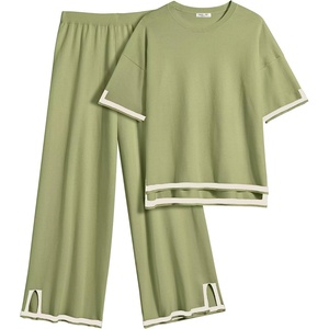 image:imageEkouaer Lounge Set for Women Travel Outfits 2 Piece Sets Short Sleeve Sweater Top Wide Leg Long Pants LoungewearArmy Green