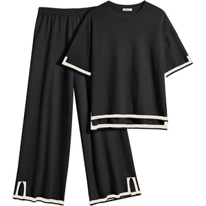 image:imageEkouaer Lounge Set for Women Travel Outfits 2 Piece Sets Short Sleeve Sweater Top Wide Leg Long Pants LoungewearBlack