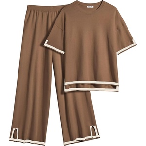 image:imageEkouaer Lounge Set for Women Travel Outfits 2 Piece Sets Short Sleeve Sweater Top Wide Leg Long Pants LoungewearBrown