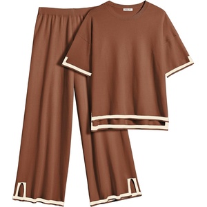 image:imageEkouaer Lounge Set for Women Travel Outfits 2 Piece Sets Short Sleeve Sweater Top Wide Leg Long Pants LoungewearCaramel