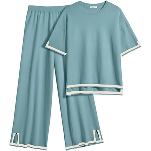 image:imageEkouaer Lounge Set for Women Travel Outfits 2 Piece Sets Short Sleeve Sweater Top Wide Leg Long Pants LoungewearDark Peacock Blue