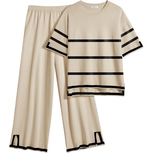 image:imageEkouaer Lounge Set for Women Travel Outfits 2 Piece Sets Short Sleeve Sweater Top Wide Leg Long Pants LoungewearStripe