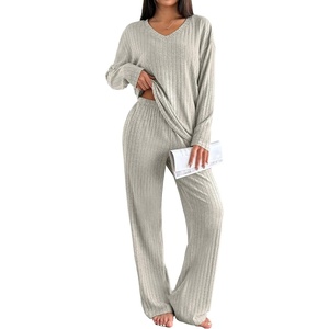 image:imageEkouaer Lounge Sets for Women Long Sleeve Knit Ribbed Pajama Sets 2 Piece Casual Loungewear with PocketsApricot