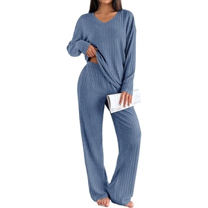 image:imageEkouaer Lounge Sets for Women Long Sleeve Knit Ribbed Pajama Sets 2 Piece Casual Loungewear with PocketsCaptains Blue