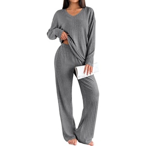 image:imageEkouaer Lounge Sets for Women Long Sleeve Knit Ribbed Pajama Sets 2 Piece Casual Loungewear with PocketsDark Gray