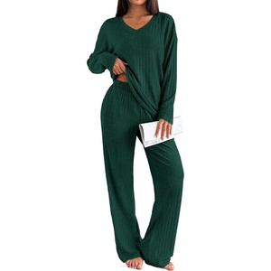 image:imageEkouaer Lounge Sets for Women Long Sleeve Knit Ribbed Pajama Sets 2 Piece Casual Loungewear with PocketsGreen