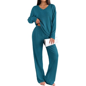 image:imageEkouaer Lounge Sets for Women Long Sleeve Knit Ribbed Pajama Sets 2 Piece Casual Loungewear with PocketsGreen Blue