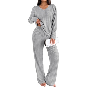 image:imageEkouaer Lounge Sets for Women Long Sleeve Knit Ribbed Pajama Sets 2 Piece Casual Loungewear with PocketsLight Gray