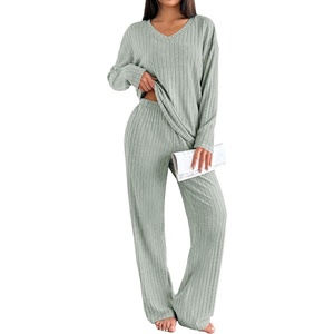image:imageEkouaer Lounge Sets for Women Long Sleeve Knit Ribbed Pajama Sets 2 Piece Casual Loungewear with PocketsLight Green