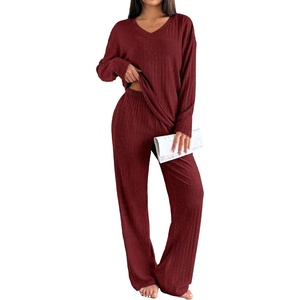 image:imageEkouaer Lounge Sets for Women Long Sleeve Knit Ribbed Pajama Sets 2 Piece Casual Loungewear with PocketsRed