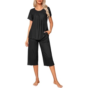 image:imageEkouaer Pajama Set for Women 2 Piece Capri Pants Short Sleeve Top Sleepwear Soft Pjs Loungewear with Pockets S3XLBlack