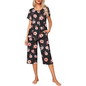 image:imageEkouaer Pajama Set for Women 2 Piece Capri Pants Short Sleeve Top Sleepwear Soft Pjs Loungewear with Pockets S3XLBlack Flowers