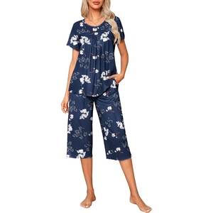 image:imageEkouaer Pajama Set for Women 2 Piece Capri Pants Short Sleeve Top Sleepwear Soft Pjs Loungewear with Pockets S3XLNavy Blue Flowers