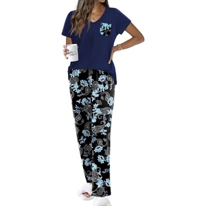 image:imageEkouaer Pajama Sets for Women Short Sleeve Pj Set V Neck Sleepwear Chest Pocket with Long Pants Casual Loose LoungewearBlack Navy Floral