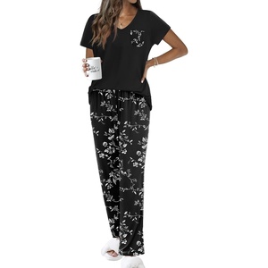 image:imageEkouaer Pajama Sets for Women Short Sleeve Pj Set V Neck Sleepwear Chest Pocket with Long Pants Casual Loose LoungewearBlack White Floral