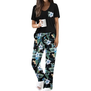 image:imageEkouaer Pajama Sets for Women Short Sleeve Pj Set V Neck Sleepwear Chest Pocket with Long Pants Casual Loose LoungewearBlackblue Flower