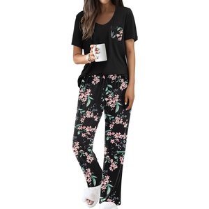 image:imageEkouaer Pajama Sets for Women Short Sleeve Pj Set V Neck Sleepwear Chest Pocket with Long Pants Casual Loose LoungewearBlackpink Floral