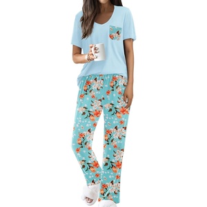 image:imageEkouaer Pajama Sets for Women Short Sleeve Pj Set V Neck Sleepwear Chest Pocket with Long Pants Casual Loose LoungewearBluegreen Flower