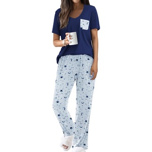 image:imageEkouaer Pajama Sets for Women Short Sleeve Pj Set V Neck Sleepwear Chest Pocket with Long Pants Casual Loose LoungewearBluenavy Star
