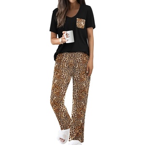 image:imageEkouaer Pajama Sets for Women Short Sleeve Pj Set V Neck Sleepwear Chest Pocket with Long Pants Casual Loose LoungewearLeopard Brown