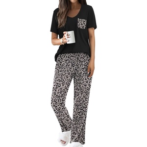 image:imageEkouaer Pajama Sets for Women Short Sleeve Pj Set V Neck Sleepwear Chest Pocket with Long Pants Casual Loose LoungewearLeopard Grey