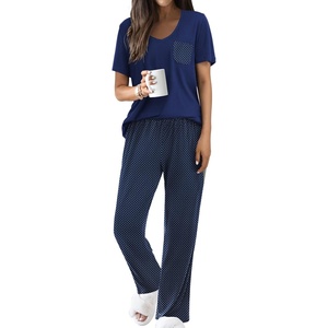 image:imageEkouaer Pajama Sets for Women Short Sleeve Pj Set V Neck Sleepwear Chest Pocket with Long Pants Casual Loose LoungewearNavy Dots