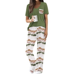 image:imageEkouaer Pajama Sets for Women Short Sleeve Pj Set V Neck Sleepwear Chest Pocket with Long Pants Casual Loose LoungewearOmbre Green