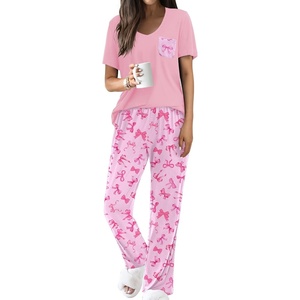image:imageEkouaer Pajama Sets for Women Short Sleeve Pj Set V Neck Sleepwear Chest Pocket with Long Pants Casual Loose LoungewearPink Bow Tie