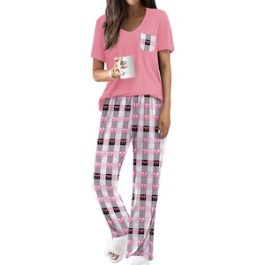 image:imageEkouaer Pajama Sets for Women Short Sleeve Pj Set V Neck Sleepwear Chest Pocket with Long Pants Casual Loose LoungewearPink Plaid Bow Tie