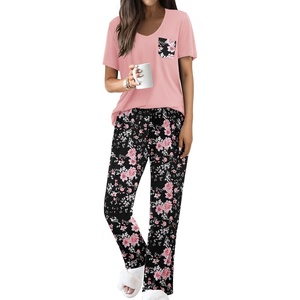 image:imageEkouaer Pajama Sets for Women Short Sleeve Pj Set V Neck Sleepwear Chest Pocket with Long Pants Casual Loose LoungewearPinkblack Flower