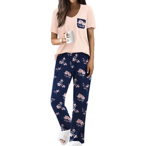image:imageEkouaer Pajama Sets for Women Short Sleeve Pj Set V Neck Sleepwear Chest Pocket with Long Pants Casual Loose LoungewearPinknavy Flower
