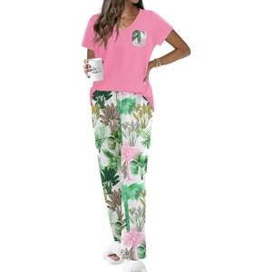image:imageEkouaer Pajama Sets for Women Short Sleeve Pj Set V Neck Sleepwear Chest Pocket with Long Pants Casual Loose LoungewearRose Pink Palm Leaves
