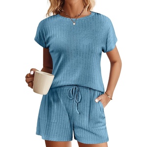 image:imageEkouaer Pajamas Set for Women 2 Piece Pjs Ribbed Knit Lounge Set Cap Sleeve Loungewear Sleepwear SXXLBlue