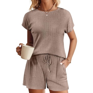 image:imageEkouaer Pajamas Set for Women 2 Piece Pjs Ribbed Knit Lounge Set Cap Sleeve Loungewear Sleepwear SXXLBrown