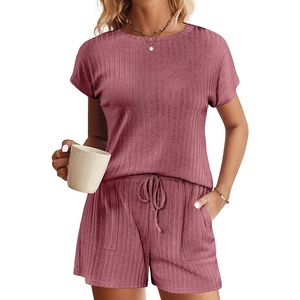 image:imageEkouaer Pajamas Set for Women 2 Piece Pjs Ribbed Knit Lounge Set Cap Sleeve Loungewear Sleepwear SXXLBurgundy