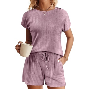 image:imageEkouaer Pajamas Set for Women 2 Piece Pjs Ribbed Knit Lounge Set Cap Sleeve Loungewear Sleepwear SXXLFuchsia