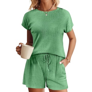 image:imageEkouaer Pajamas Set for Women 2 Piece Pjs Ribbed Knit Lounge Set Cap Sleeve Loungewear Sleepwear SXXLGreen