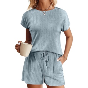 image:imageEkouaer Pajamas Set for Women 2 Piece Pjs Ribbed Knit Lounge Set Cap Sleeve Loungewear Sleepwear SXXLLight Blue