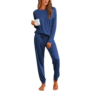 image:imageEkouaer Pajamas Womens Long Sleeve Pj Set 2 Piece Loungewear Soft Comfy Sleepwear with Jogger Pants SXXLBlue