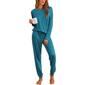 image:imageEkouaer Pajamas Womens Long Sleeve Pj Set 2 Piece Loungewear Soft Comfy Sleepwear with Jogger Pants SXXLBlue Green