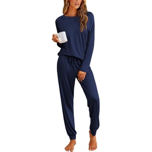 image:imageEkouaer Pajamas Womens Long Sleeve Pj Set 2 Piece Loungewear Soft Comfy Sleepwear with Jogger Pants SXXLNavy