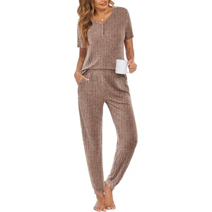 image:imageEkouaer Pajamas for Women Set 2 Piece Rib Knit Lounge Set Joggers Loungewear Short Sleeve Pjs with PocketsBrown