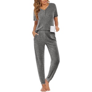 image:imageEkouaer Pajamas for Women Set 2 Piece Rib Knit Lounge Set Joggers Loungewear Short Sleeve Pjs with PocketsGray