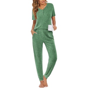 image:imageEkouaer Pajamas for Women Set 2 Piece Rib Knit Lounge Set Joggers Loungewear Short Sleeve Pjs with PocketsGreen