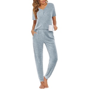 image:imageEkouaer Pajamas for Women Set 2 Piece Rib Knit Lounge Set Joggers Loungewear Short Sleeve Pjs with PocketsLight Blue