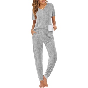 image:imageEkouaer Pajamas for Women Set 2 Piece Rib Knit Lounge Set Joggers Loungewear Short Sleeve Pjs with PocketsLight Gray